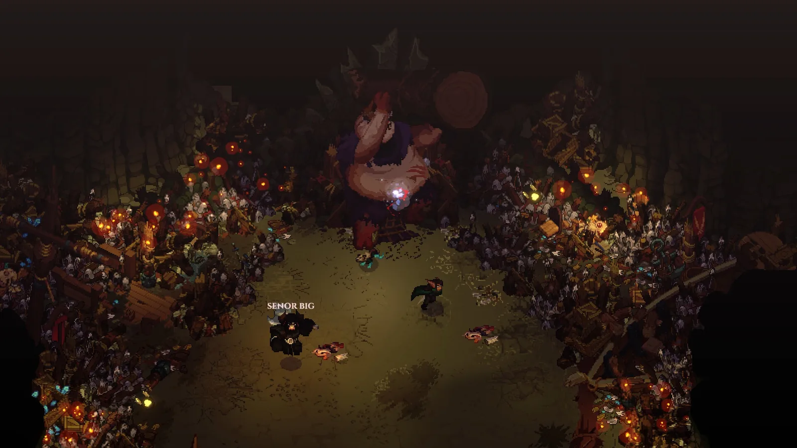 Official Dimraeth screenshot showing an underground chamber with a large hostile creature and clustered lights
