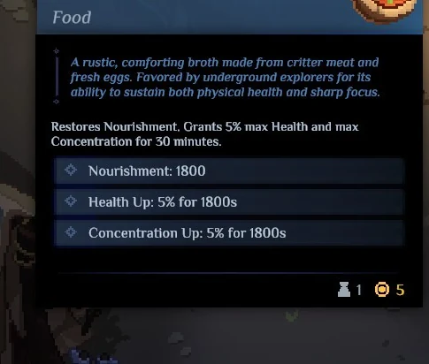 A food item tooltip showing a nourishment value and two timed percentage stat bonuses