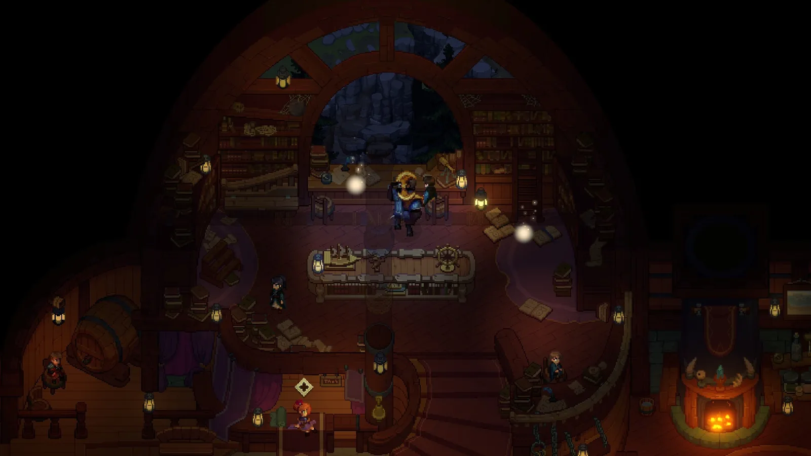 An interior room with arched windows, filled bookshelves, hanging lanterns and a counter