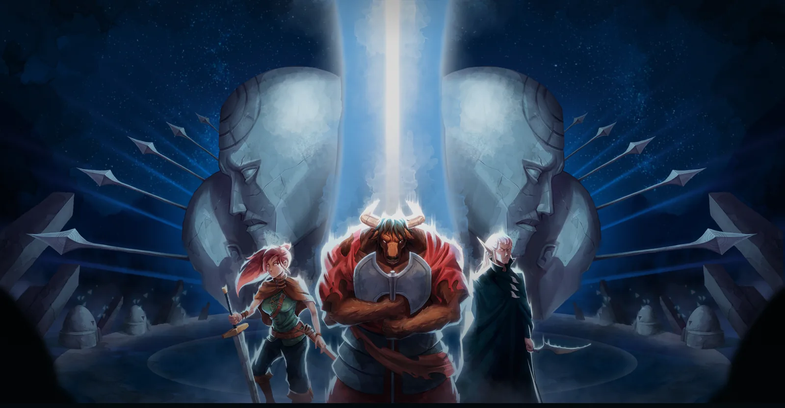 Official Dimraeth key art showing the title treatment over a painted fantasy landscape