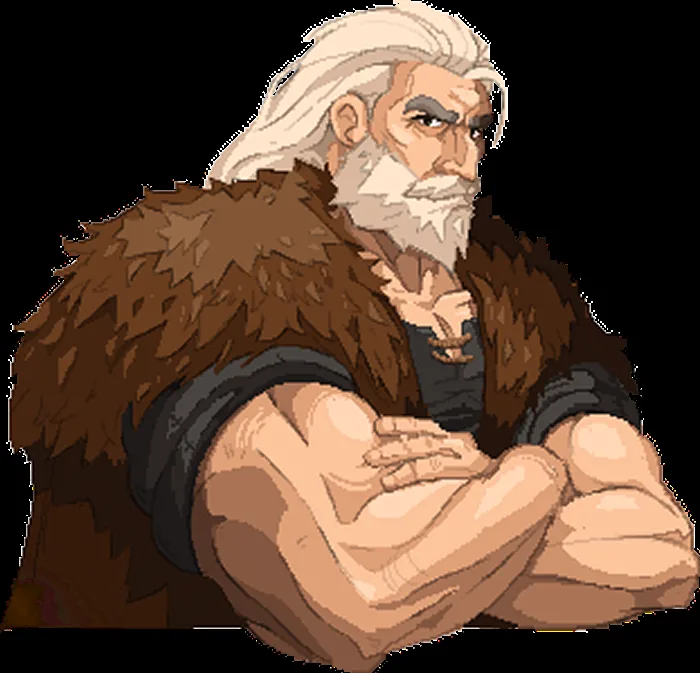 Official character illustration of a tall, weathered man with blue eyes and a long coat