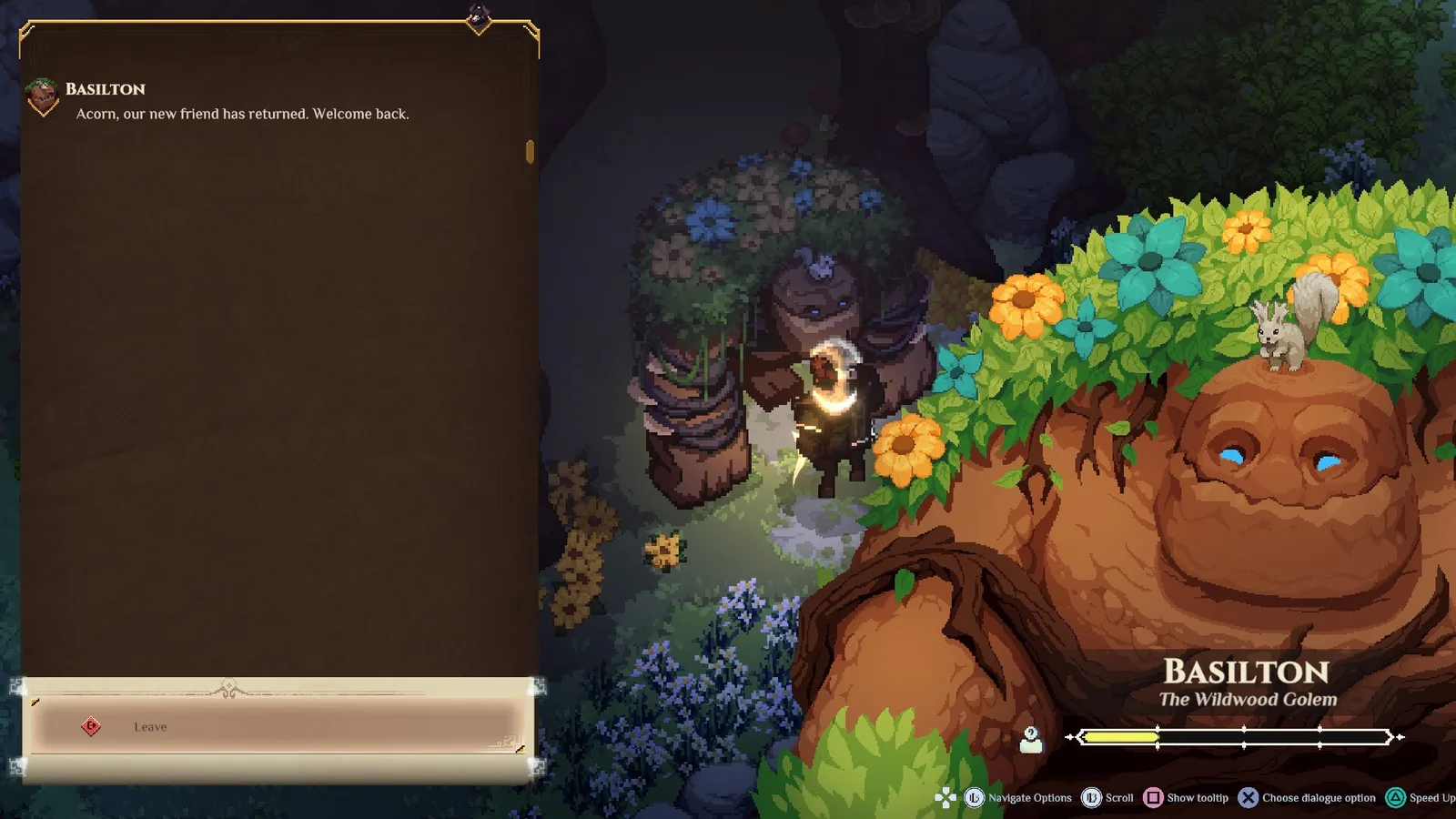 An in-game dialogue screen showing a fungal golem named Basilton, the Wildwood Golem, speaking to the player