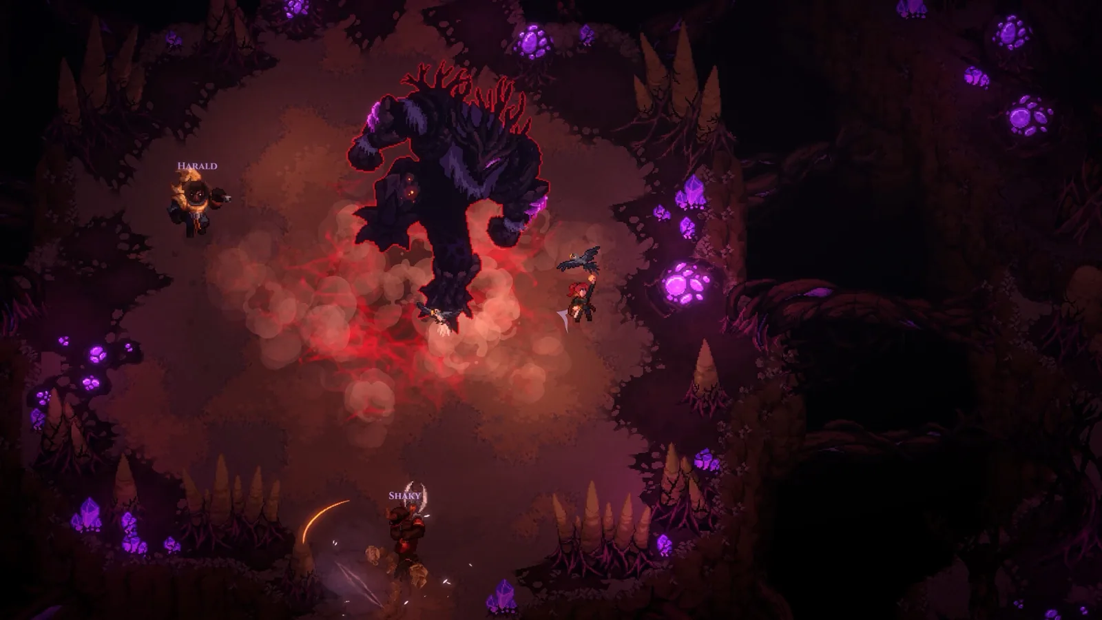 A large black-furred boss with a red mane fighting in a cave overgrown with purple crystal formations