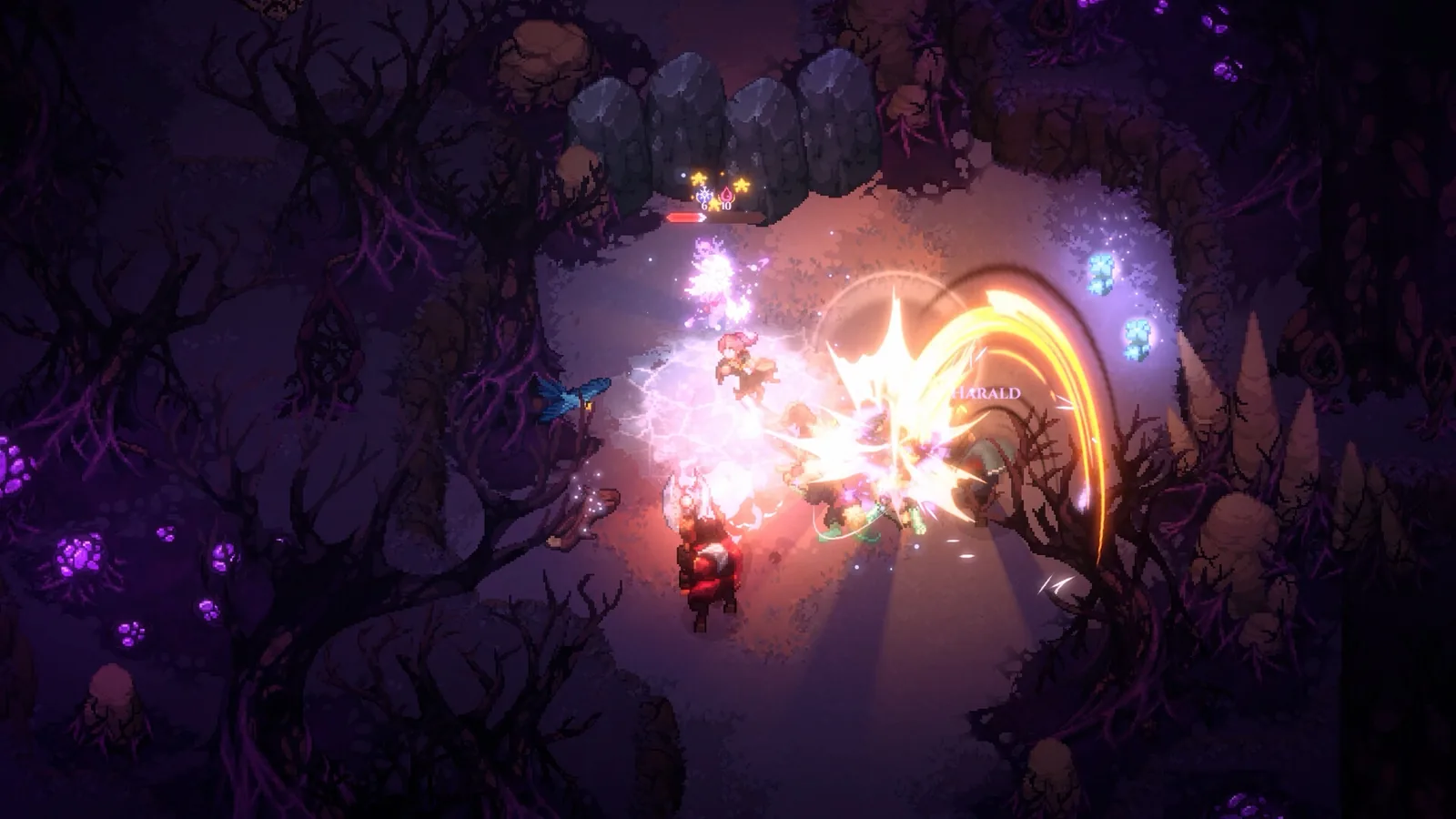 A party fighting through a woodland lit by intense purple light effects