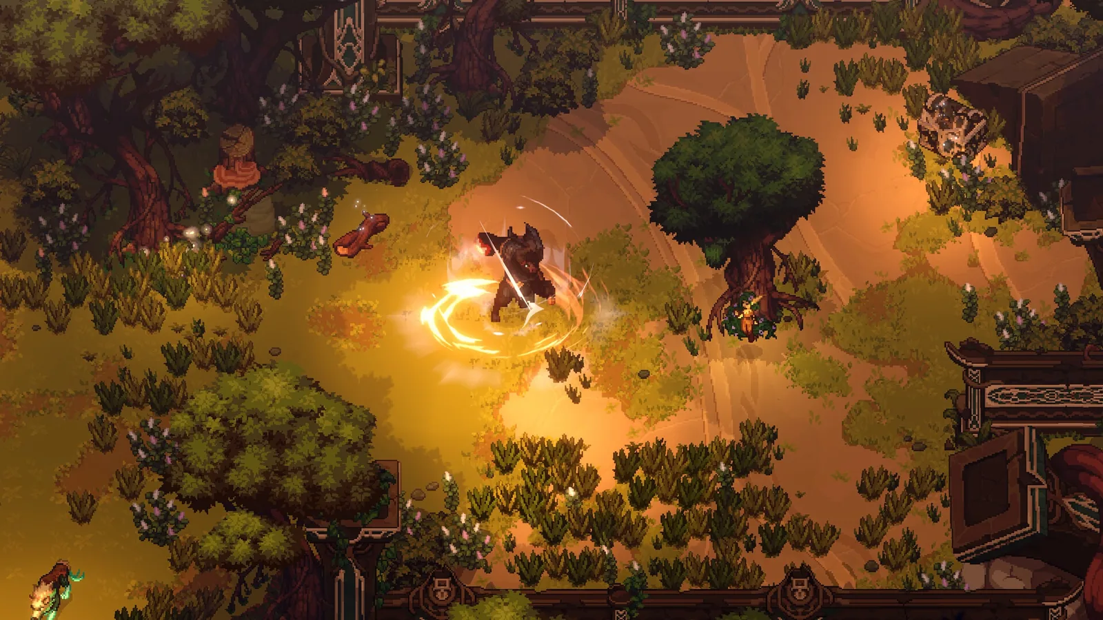 A glowing attack effect during combat in a woodland