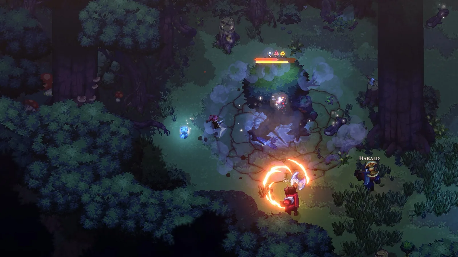 A party fighting enemies in a wooded area with strong spell light effects
