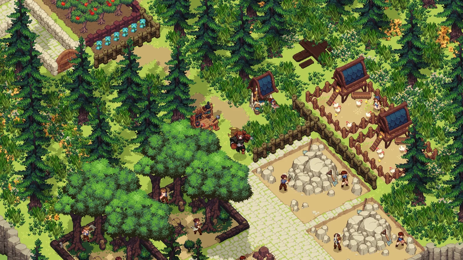 A camp with planting beds, animal pens, felled timber and stone workings