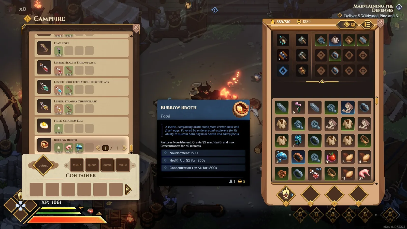 The CARGO inventory panel beside a crafting station interface showing materials and a finished item