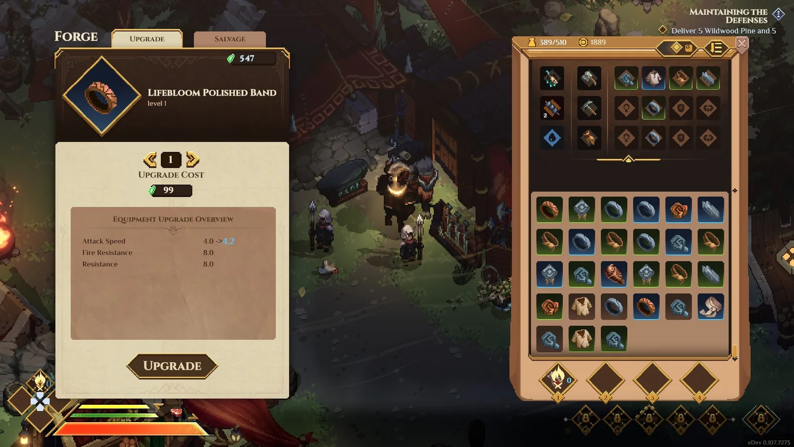 The FORGE panel on the UPGRADE tab showing an equipment item upgrade cost and its stat changes