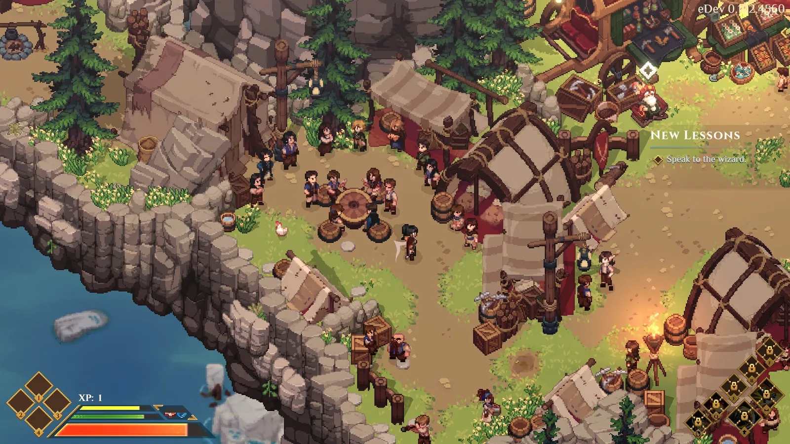 A riverside settlement with the quest tracker reading NEW LESSONS, and eight skill slots along the bottom