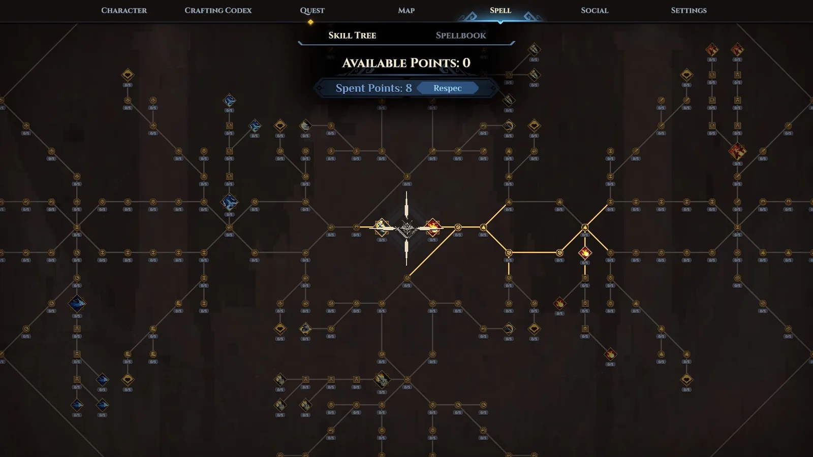 The skill tree and spellbook interface with available and spent points